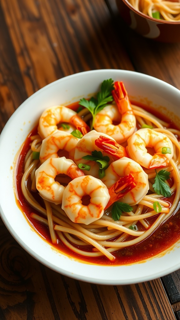 A bowl of garlic prawn udon topped with green onions and coriander, on a wooden table.